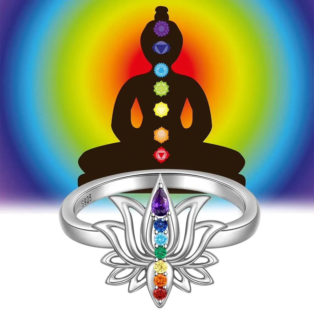 Chakra Ring Lotus Rings for Women Yoga Chakra Crystal Sterling Silver Lotus Flower Energy Balance Chakras Jewelry Meditation Anxiety Relief
