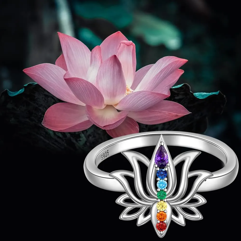 Chakra Ring Lotus Rings for Women Yoga Chakra Crystal Sterling Silver Lotus Flower Energy Balance Chakras Jewelry Meditation Anxiety Relief