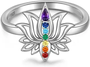 Chakra Ring Lotus Rings for Women Yoga Chakra Crystal Sterling Silver Lotus Flower Energy Balance Chakras Jewelry Meditation Anxiety Relief