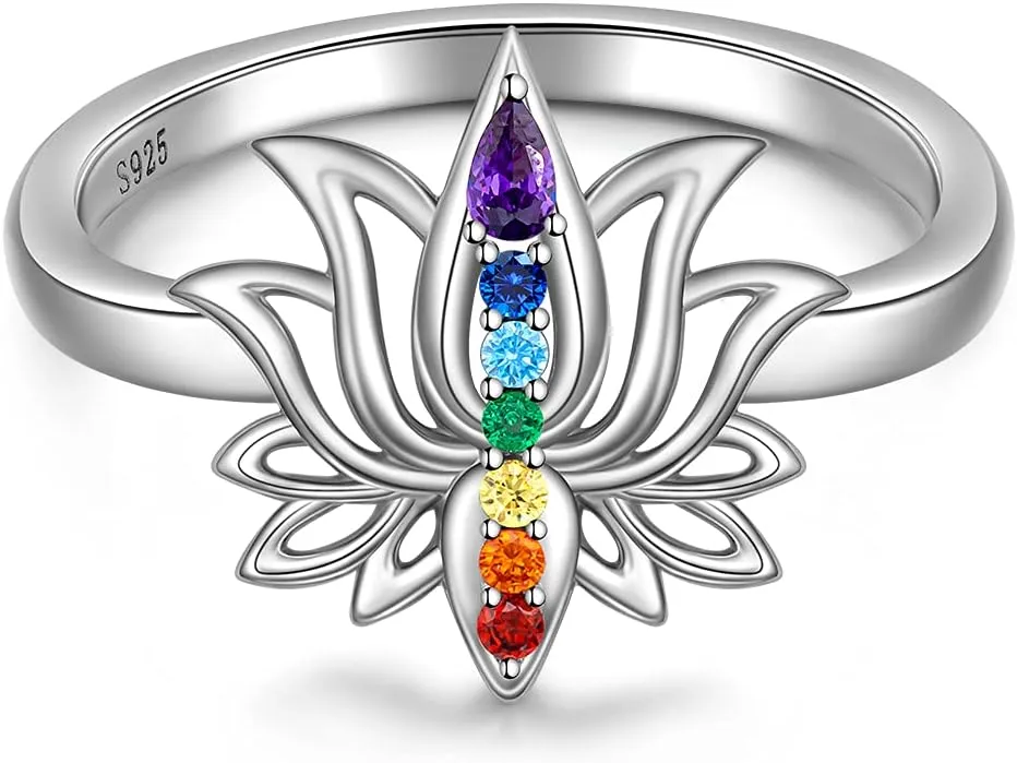 Chakra Ring Lotus Rings for Women Yoga Chakra Crystal Sterling Silver Lotus Flower Energy Balance Chakras Jewelry Meditation Anxiety Relief