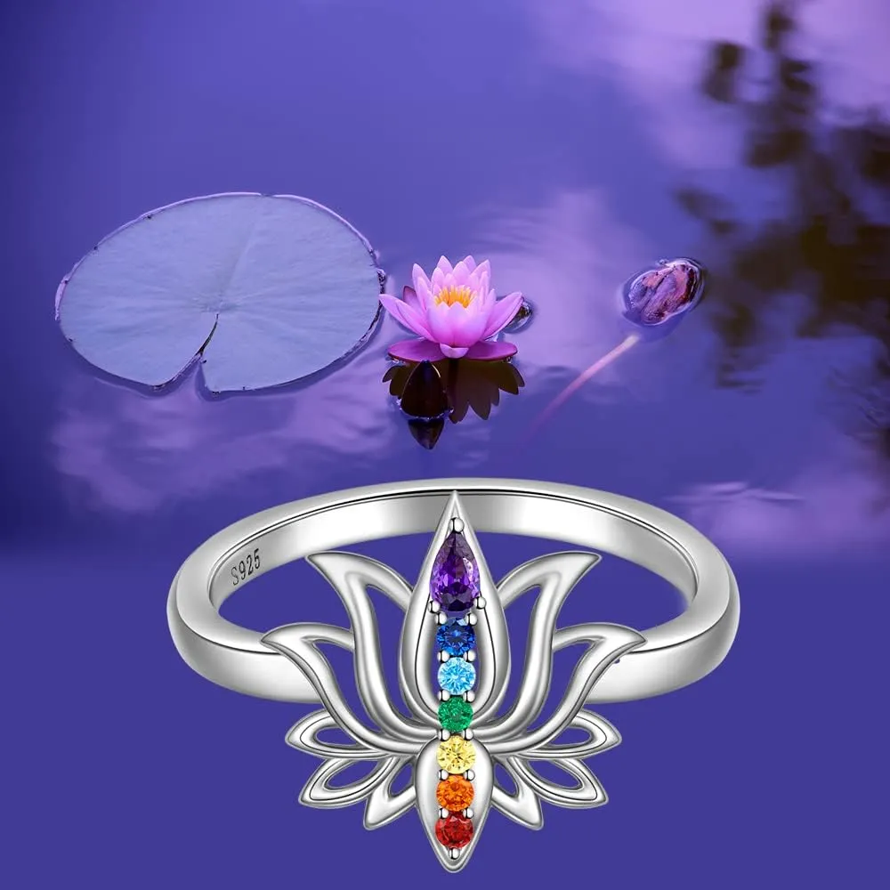 Chakra Ring Lotus Rings for Women Yoga Chakra Crystal Sterling Silver Lotus Flower Energy Balance Chakras Jewelry Meditation Anxiety Relief