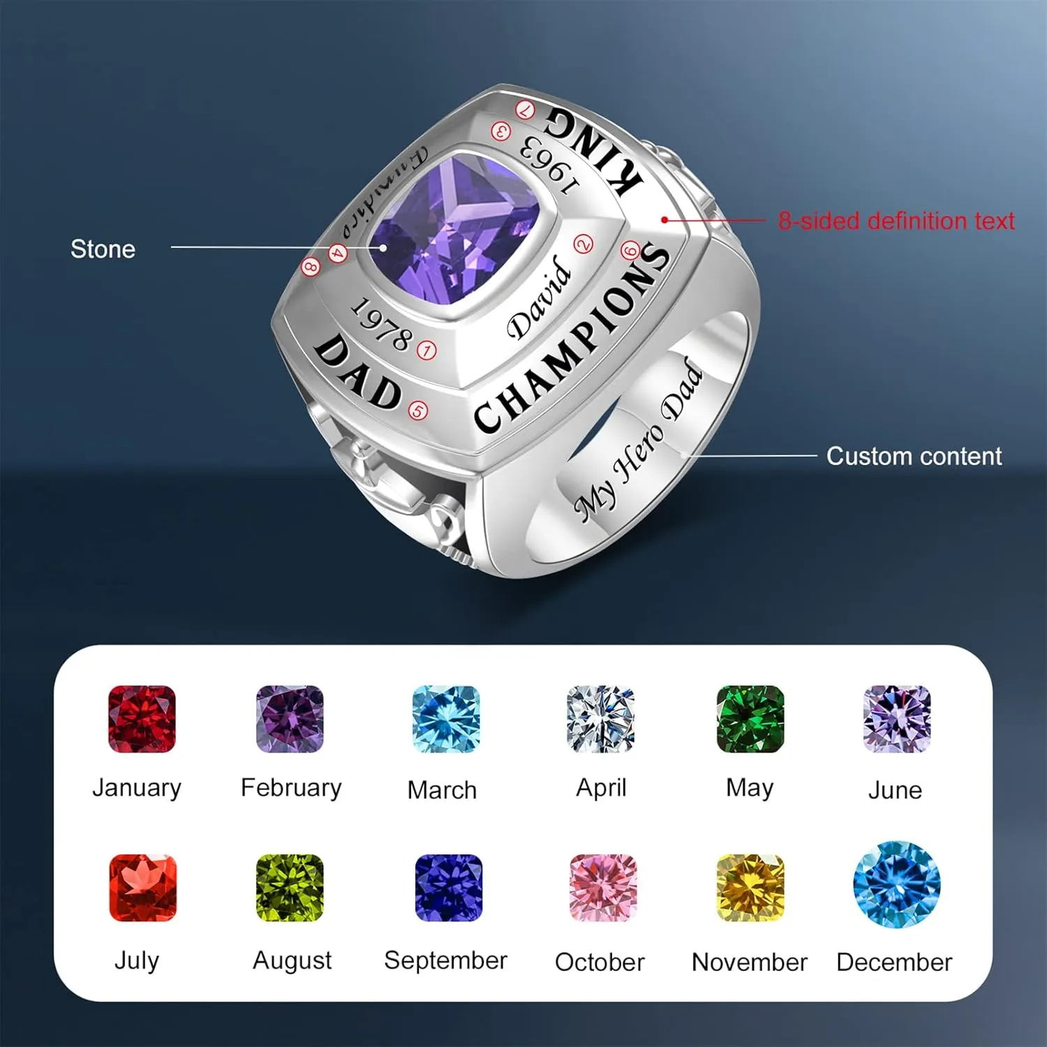 Champion Rings for Men Custom Name/Year/Lucky Number Personalized Birthstone Rings for Boys Sport Lovers Jewelry Birthday Fathers Gifts for Dad Son