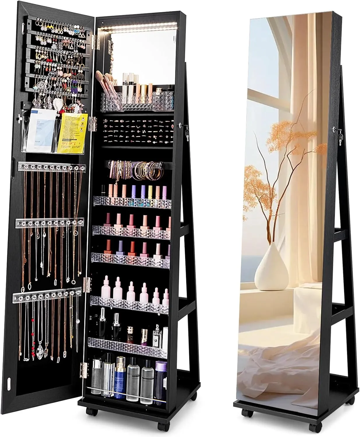 CHARMAID Jewelry Cabinet Armoire with Wheels, 64" Full Length Mirror with Jewelry Storage, 3-Color LED Lights, Adjustable Shelves, Lockable Standing Jewelry Organizer with Back Shelves (Black)