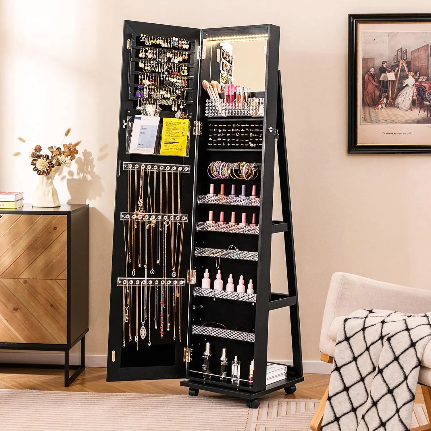 CHARMAID Jewelry Cabinet Armoire with Wheels, 64" Full Length Mirror with Jewelry Storage, 3-Color LED Lights, Adjustable Shelves, Lockable Standing Jewelry Organizer with Back Shelves (Black)