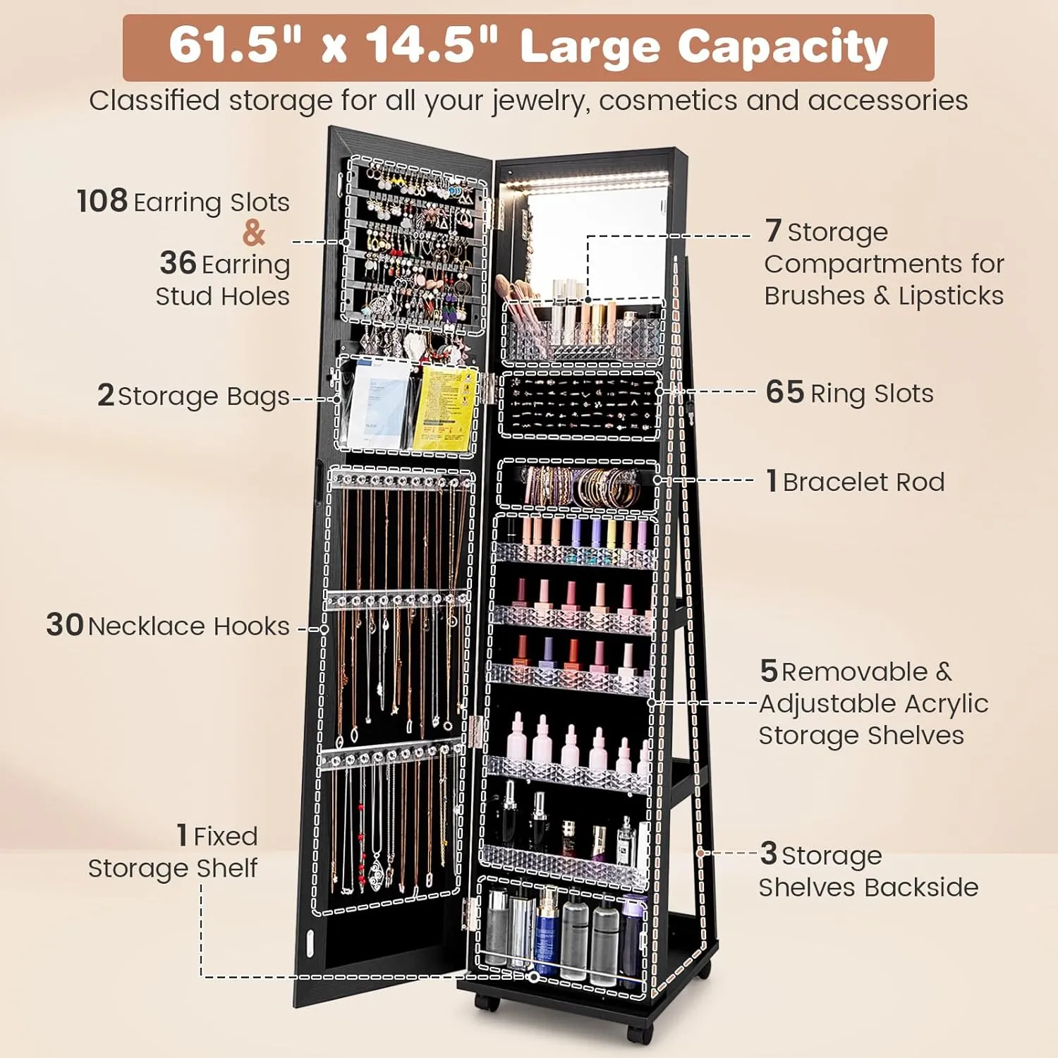 CHARMAID Jewelry Cabinet Armoire with Wheels, 64" Full Length Mirror with Jewelry Storage, 3-Color LED Lights, Adjustable Shelves, Lockable Standing Jewelry Organizer with Back Shelves (Black)