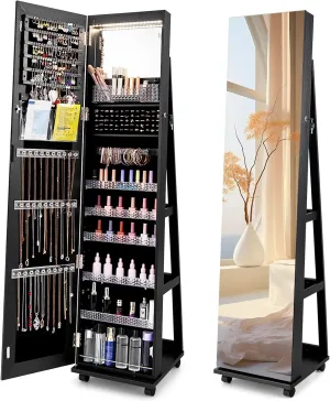 CHARMAID Jewelry Cabinet Armoire with Wheels, 64" Full Length Mirror with Jewelry Storage, 3-Color LED Lights, Adjustable Shelves, Lockable Standing Jewelry Organizer with Back Shelves (Black)