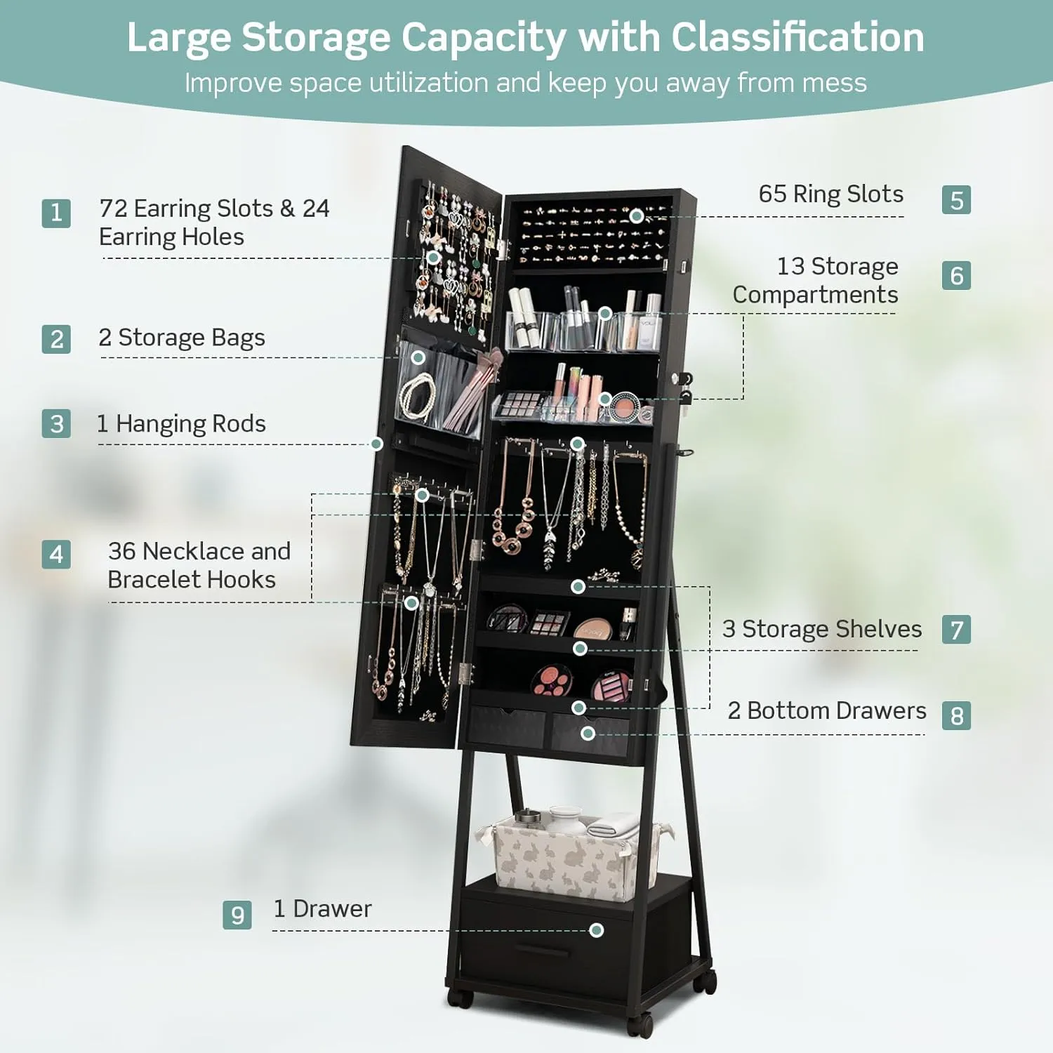 CHARMAID Rolling Jewelry Cabinet with Full Length Mirror, 62'' Floor Standing Jewelry Armoire with Wheels and Metal Frame, Lockable Jewelry Organizer with Large Storage Drawer (Black)
