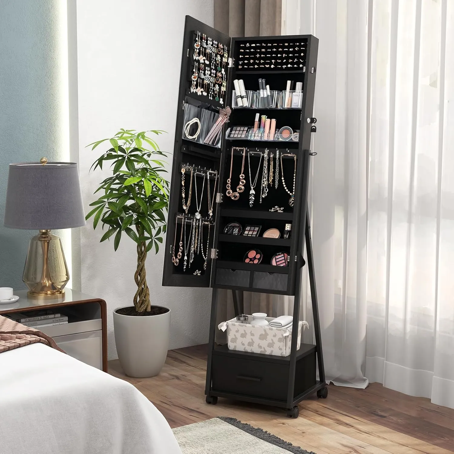 CHARMAID Rolling Jewelry Cabinet with Full Length Mirror, 62'' Floor Standing Jewelry Armoire with Wheels and Metal Frame, Lockable Jewelry Organizer with Large Storage Drawer (Black)
