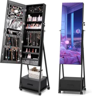 CHARMAID Rolling Jewelry Cabinet with Full Length Mirror, 62'' Floor Standing Jewelry Armoire with Wheels and Metal Frame, Lockable Jewelry Organizer with Large Storage Drawer (Black)