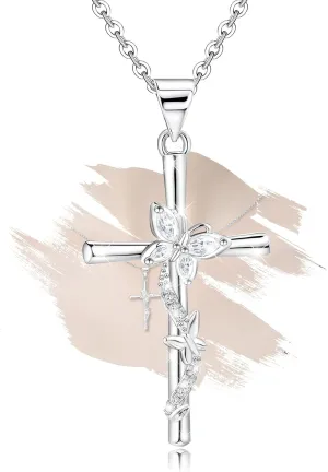 Charms Sterling Silver Trendy Cross Butterfly Pendant Necklace Dainty CZ White Gold Plated Hypoallergenic Jewelry with Silver Chain Fashion Birthday Gift for Women