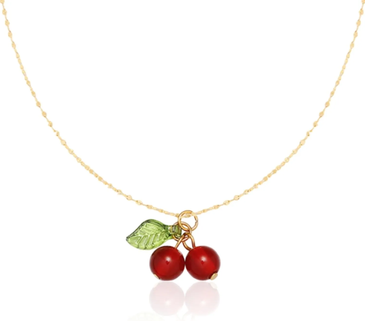 Cherry Charm Necklace - Dainty Gold Chain Necklace With Red Heart Cherry Pendant - Fruit Beaded Gold Jewelry