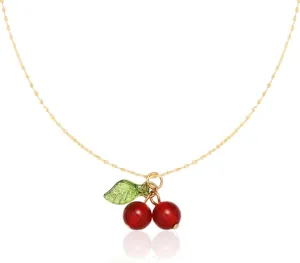 Cherry Charm Necklace - Dainty Gold Chain Necklace With Red Heart Cherry Pendant - Fruit Beaded Gold Jewelry