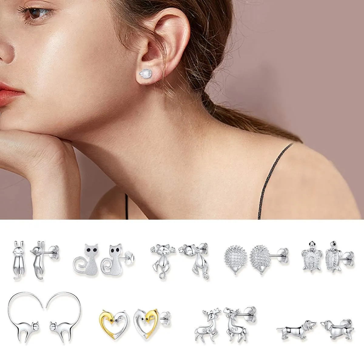 ChicSilver Hypoallergenic 925 Sterling Silver Cute Animal Earrings for Women Lovely Cat/Hedgehog/Turtle Stud Earrings for Sensitive Ears(with Gift Box)