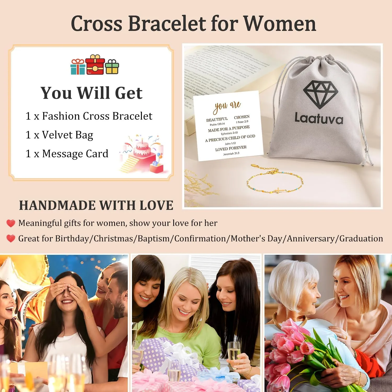Christian Mothers-Day Gifts for Women, First Communion Confirmation Graduation Religious Cross Bracelet Jewelry for Women Her Faith, Inspirational Jesus Birthday Gifts for Friends/Mom/Grandma/Daughter/Sisters/Granddaughter/Her