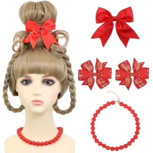 Christmas Costume Wig for Kids Girls Blonde Braided Synthetic Wig with Red Bow Hair Clip and Necklace for Halloween Christmas Celebration Party