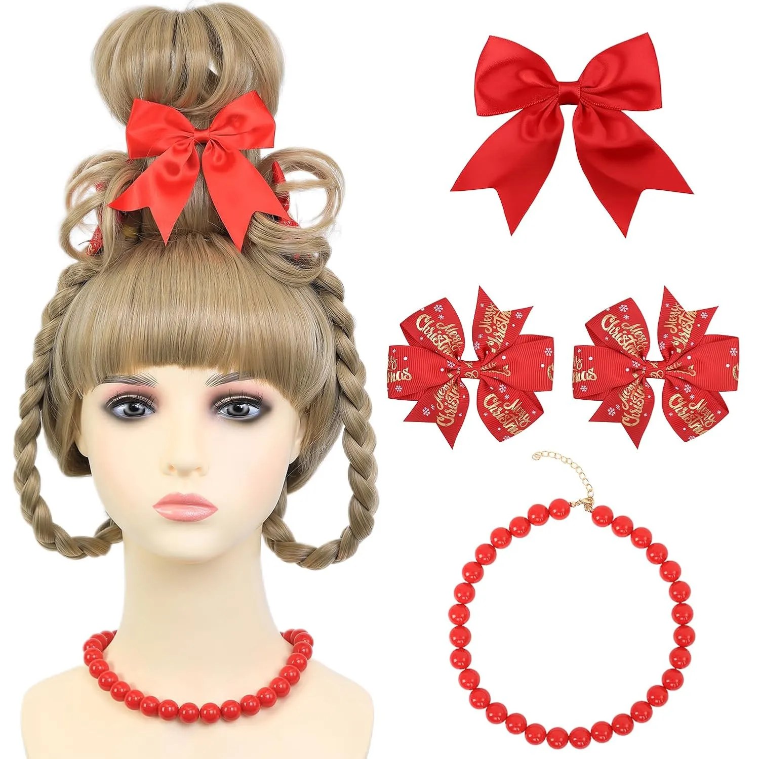 Christmas Costume Wig for Kids Girls Blonde Braided Synthetic Wig with Red Bow Hair Clip and Necklace for Halloween Christmas Celebration Party