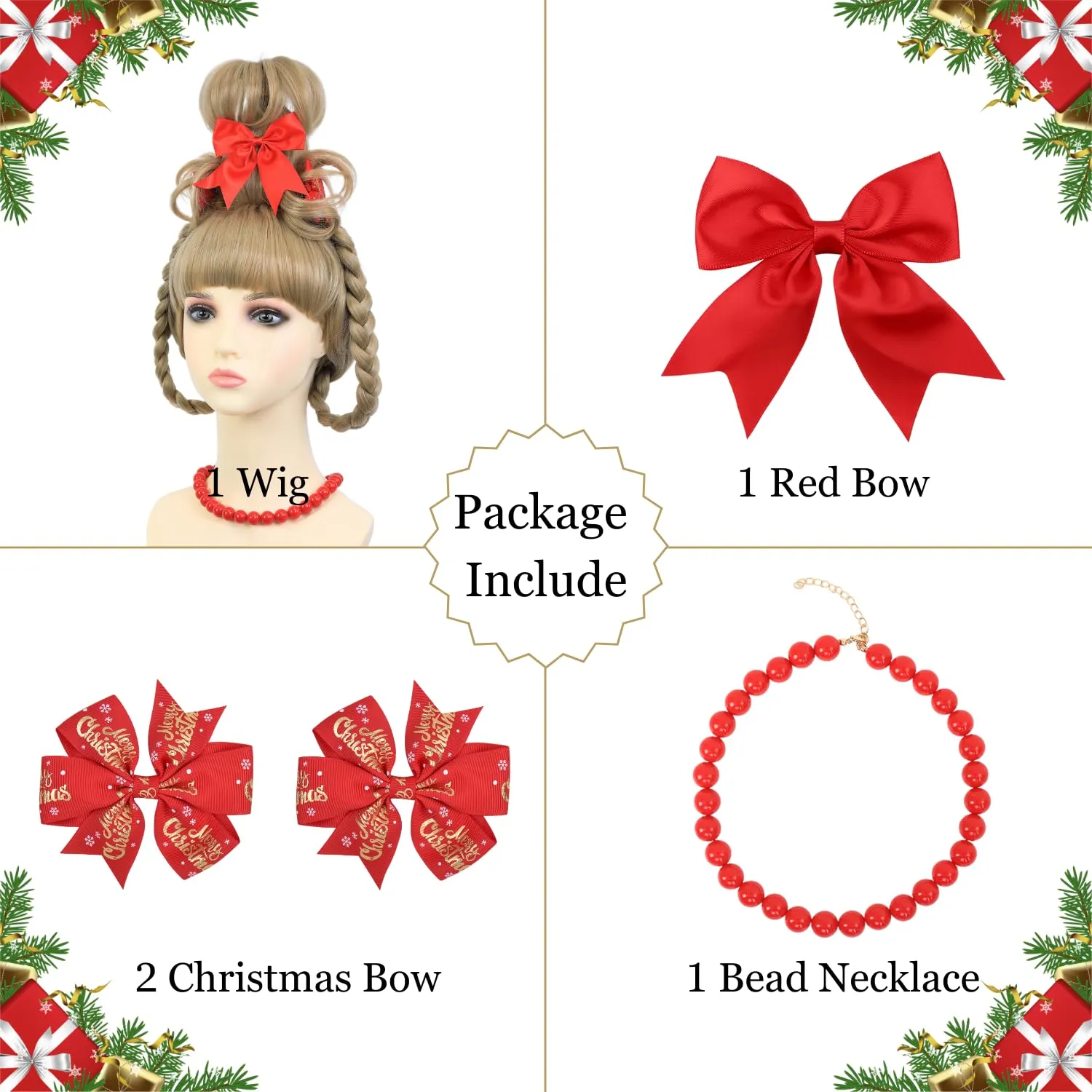 Christmas Costume Wig for Kids Girls Blonde Braided Synthetic Wig with Red Bow Hair Clip and Necklace for Halloween Christmas Celebration Party
