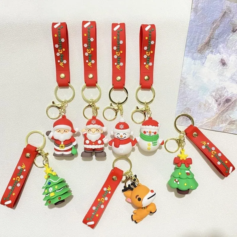 Christmas Keychain Gift, Cute Cartoon Xmas Key Chain Santa Silicone Wristlet Keyring for Girls Women Schoolbag