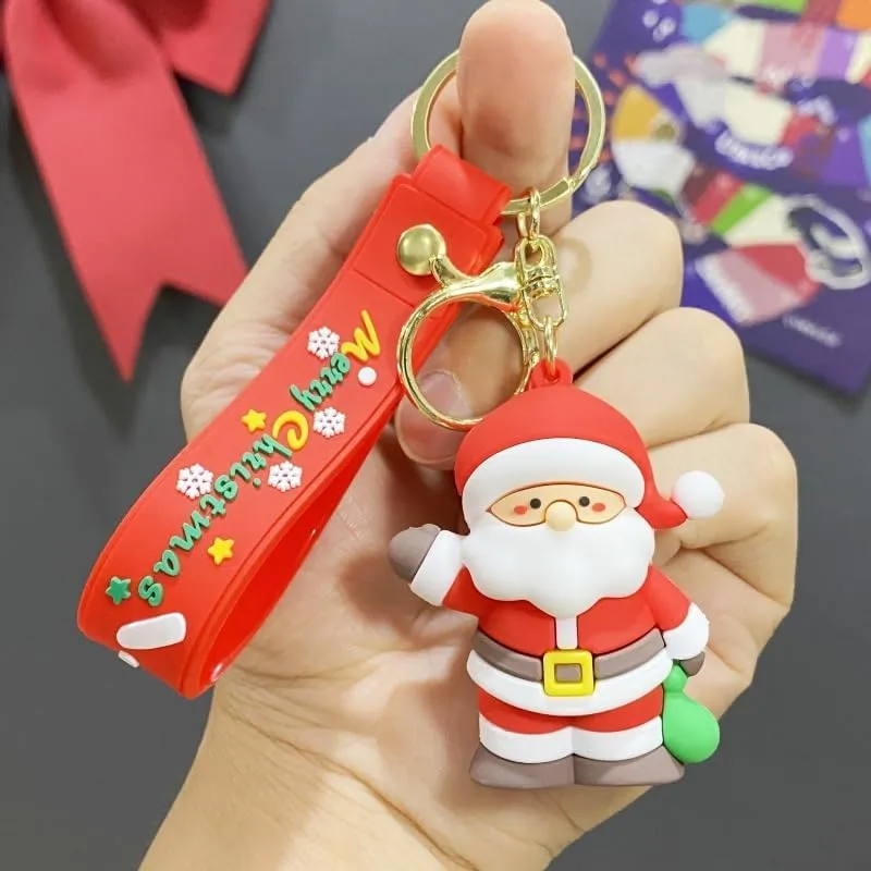 Christmas Keychain Gift, Cute Cartoon Xmas Key Chain Santa Silicone Wristlet Keyring for Girls Women Schoolbag