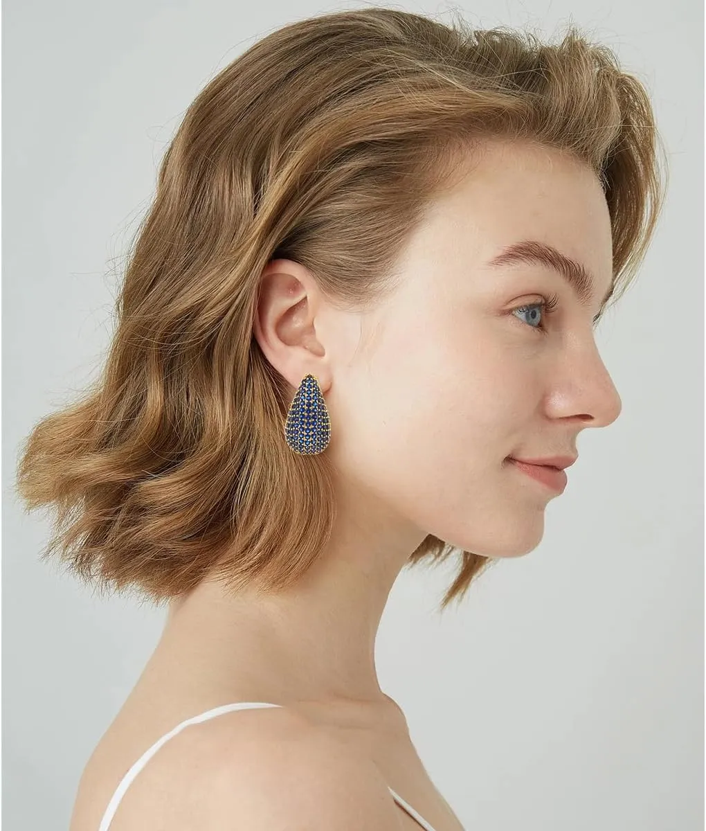 Chunky 18K Gold Plated Hoop Earring Silver Teardrop Earrings for Women Water Drop Lightweight Rhinestone Crystal Dangle Jewelry Wedding Bridal Bridesmaids Valentine's Gift for Woman Lover Mom
