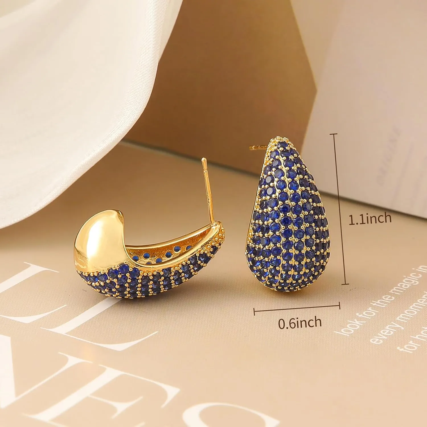 Chunky 18K Gold Plated Hoop Earring Silver Teardrop Earrings for Women Water Drop Lightweight Rhinestone Crystal Dangle Jewelry Wedding Bridal Bridesmaids Valentine's Gift for Woman Lover Mom