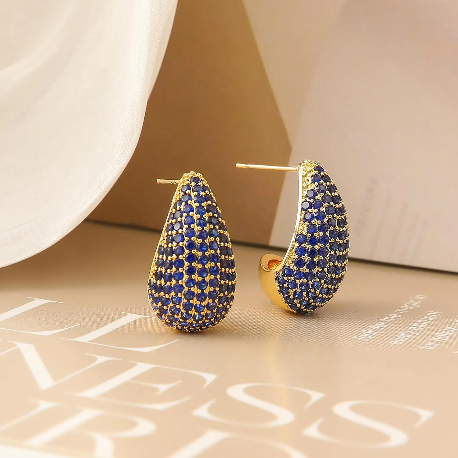 Chunky 18K Gold Plated Hoop Earring Silver Teardrop Earrings for Women Water Drop Lightweight Rhinestone Crystal Dangle Jewelry Wedding Bridal Bridesmaids Valentine's Gift for Woman Lover Mom