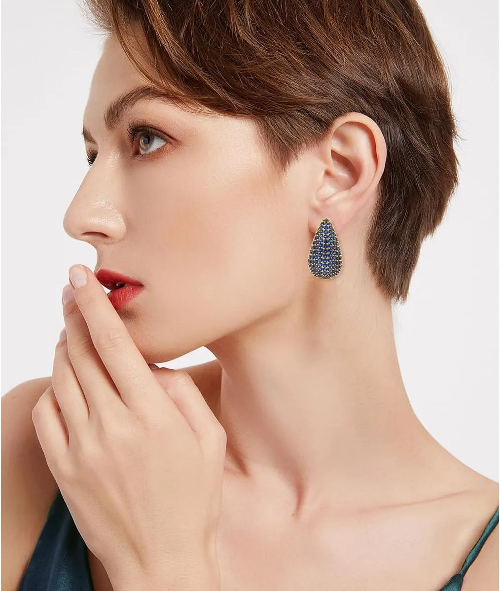 Chunky 18K Gold Plated Hoop Earring Silver Teardrop Earrings for Women Water Drop Lightweight Rhinestone Crystal Dangle Jewelry Wedding Bridal Bridesmaids Valentine's Gift for Woman Lover Mom