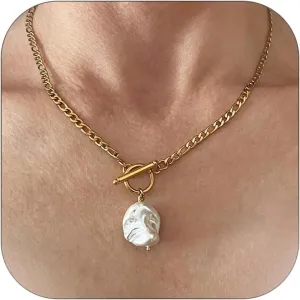Chunky Gold Toggle Clasp Baroque Pearl Necklace Charm Pendant Chunky Freshwater Pearl Necklace for Women Trendy Beach Jewelry