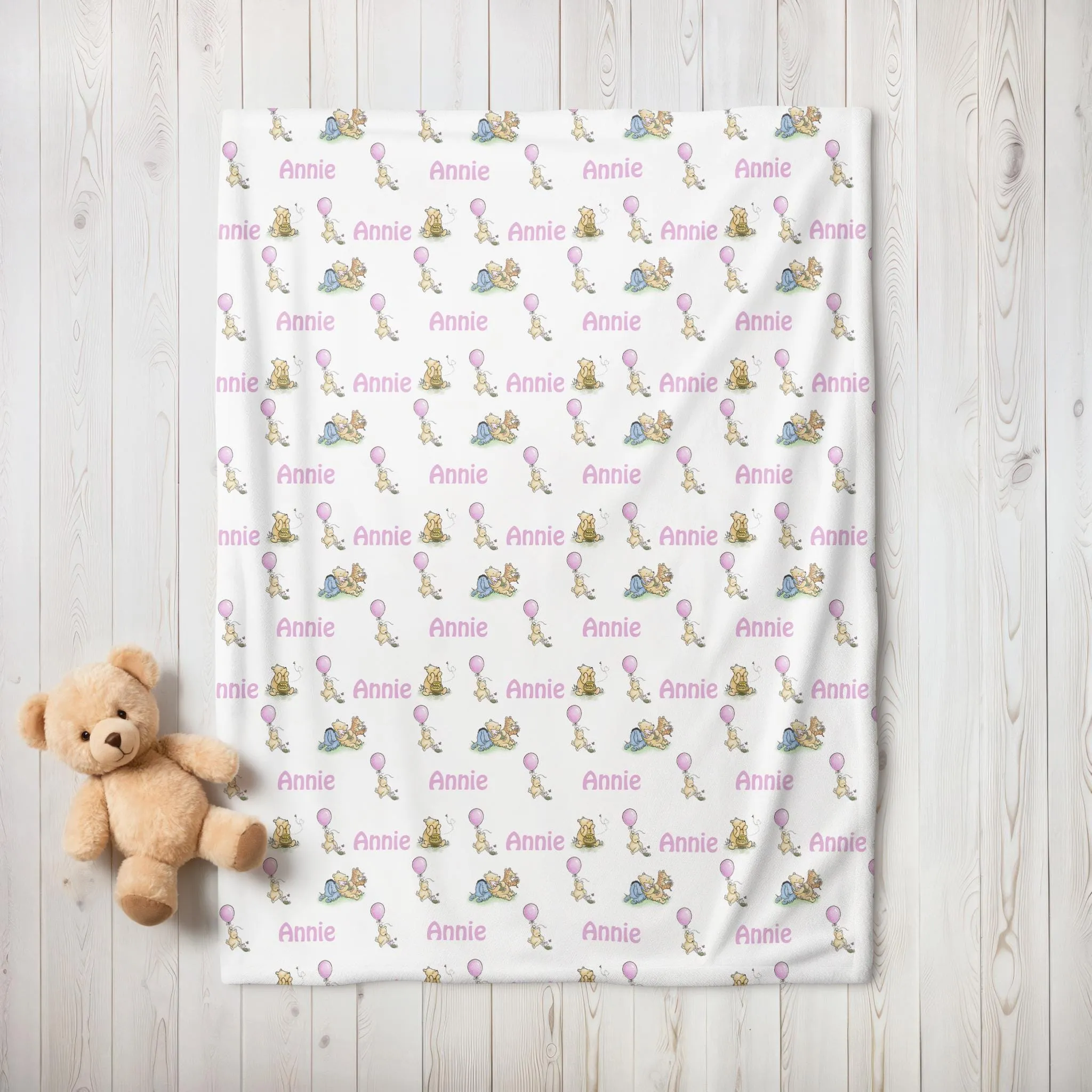 Classic Winnie the Pooh Personalized Nursery Blanket, Pink, Blue, Gender Neutral, Baby Shower Gift, Teddy Bear, Personalized Pattern