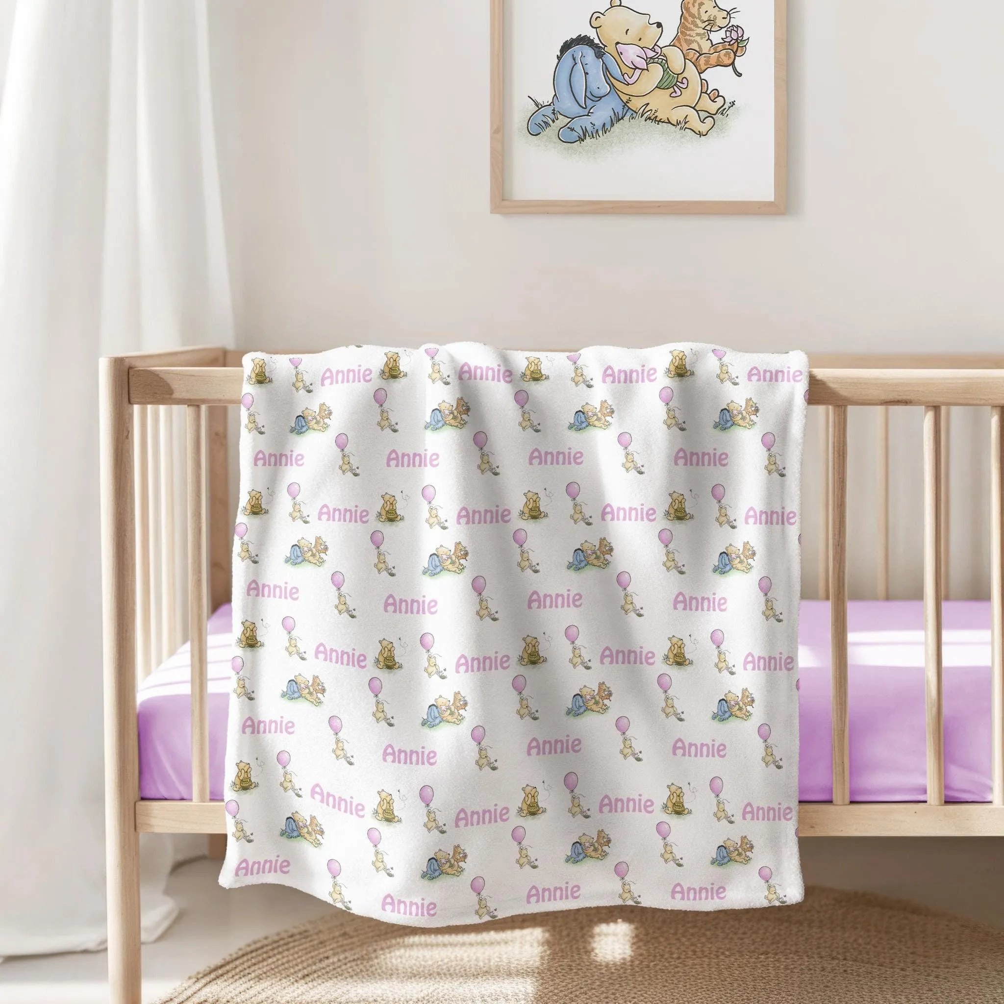 Classic Winnie the Pooh Personalized Nursery Blanket, Pink, Blue, Gender Neutral, Baby Shower Gift, Teddy Bear, Personalized Pattern