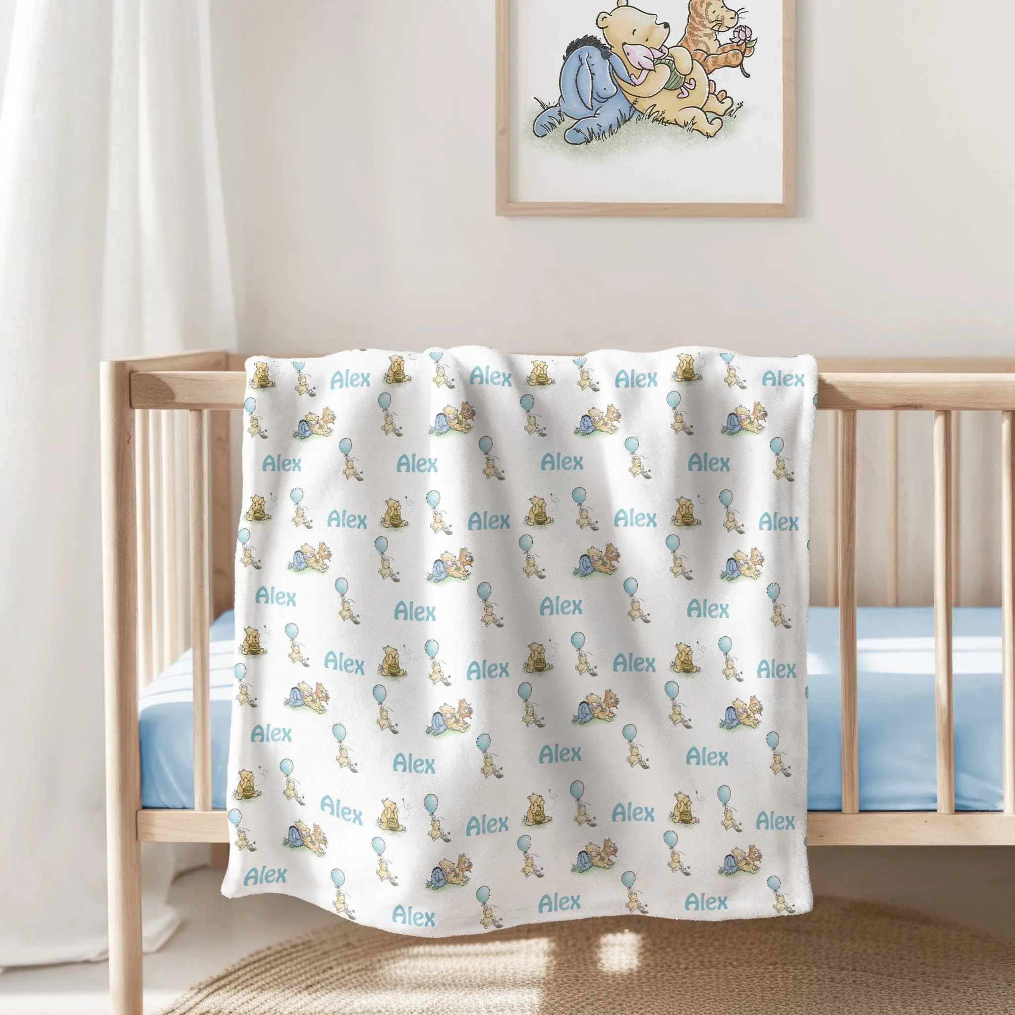 Classic Winnie the Pooh Personalized Nursery Blanket, Pink, Blue, Gender Neutral, Baby Shower Gift, Teddy Bear, Personalized Pattern
