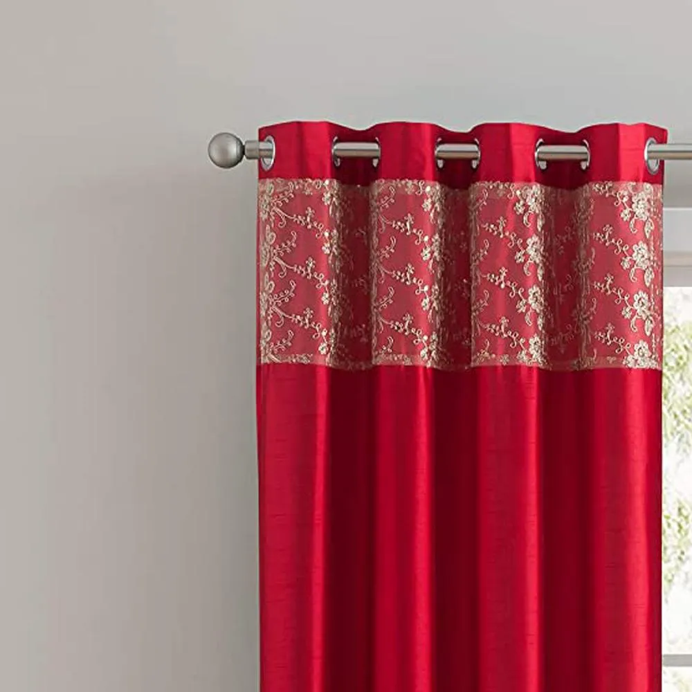 Cody Faux Silk Grommet Panel & Valance with Metallic Embroidered Band