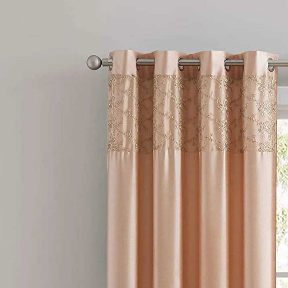 Cody Faux Silk Grommet Panel & Valance with Metallic Embroidered Band