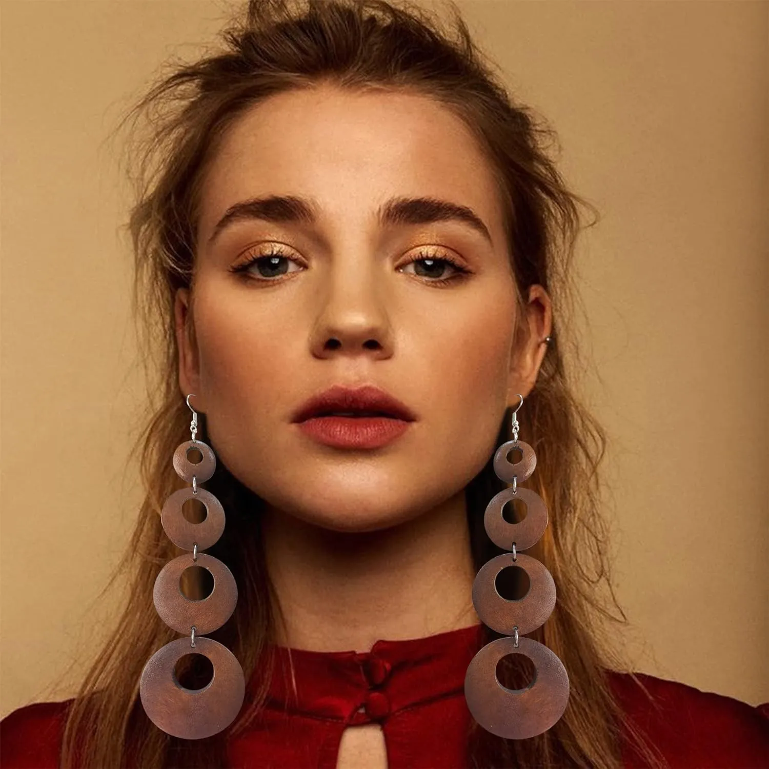 Coiris Big Round Circle Wood Drop Dangle,Boho Hippie Long Wooden Earrings,Dangle Earrings with Silver Hook for Women
