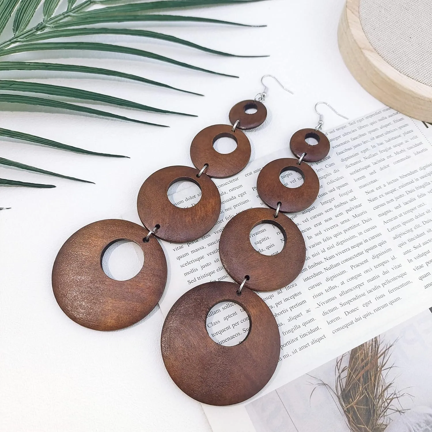 Coiris Big Round Circle Wood Drop Dangle,Boho Hippie Long Wooden Earrings,Dangle Earrings with Silver Hook for Women