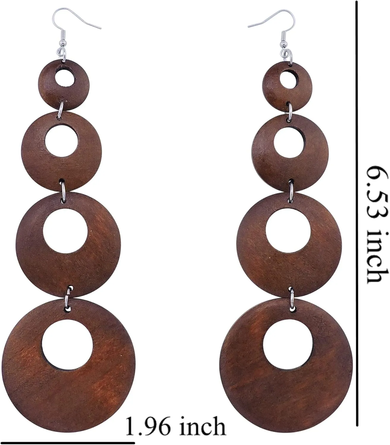 Coiris Big Round Circle Wood Drop Dangle,Boho Hippie Long Wooden Earrings,Dangle Earrings with Silver Hook for Women