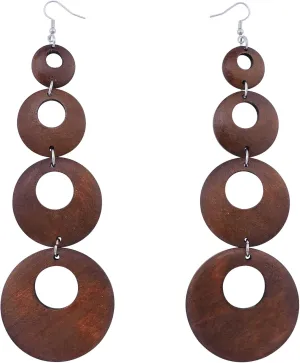 Coiris Big Round Circle Wood Drop Dangle,Boho Hippie Long Wooden Earrings,Dangle Earrings with Silver Hook for Women