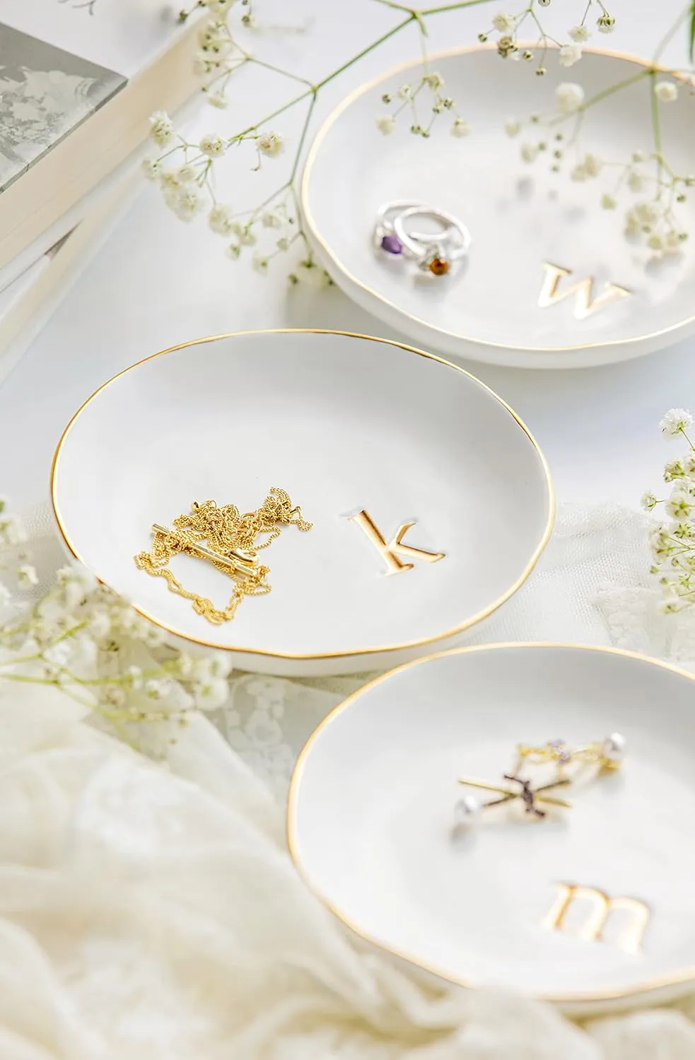 COLLECTIVE HOME - Ceramic Jewelry Tray, Decorative Trinket Dish for Rings Earrings Necklaces Bracelet Watch Keys, Birthday Mother's Day for Women, 4.75", White Surface (J)