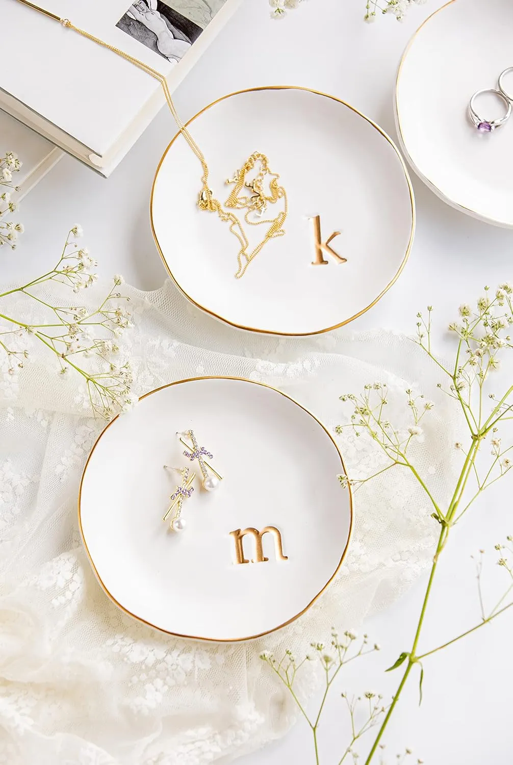 COLLECTIVE HOME - Ceramic Jewelry Tray, Decorative Trinket Dish for Rings Earrings Necklaces Bracelet Watch Keys, Birthday Mother's Day for Women, 4.75", White Surface (J)