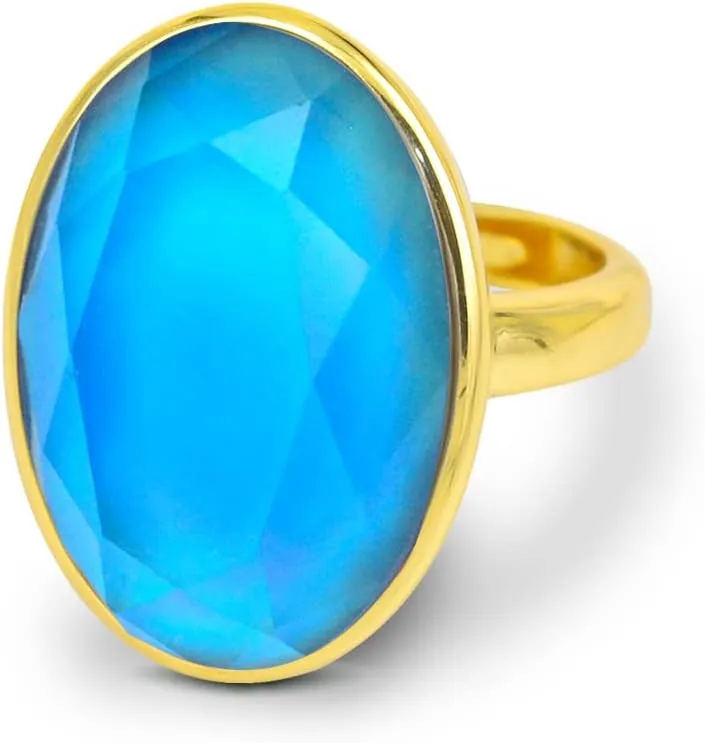 Color Change Facet Crystal Oval Stone Mood Ring in 18K Gold Plated, Size Adjustable, Gifts for Women
