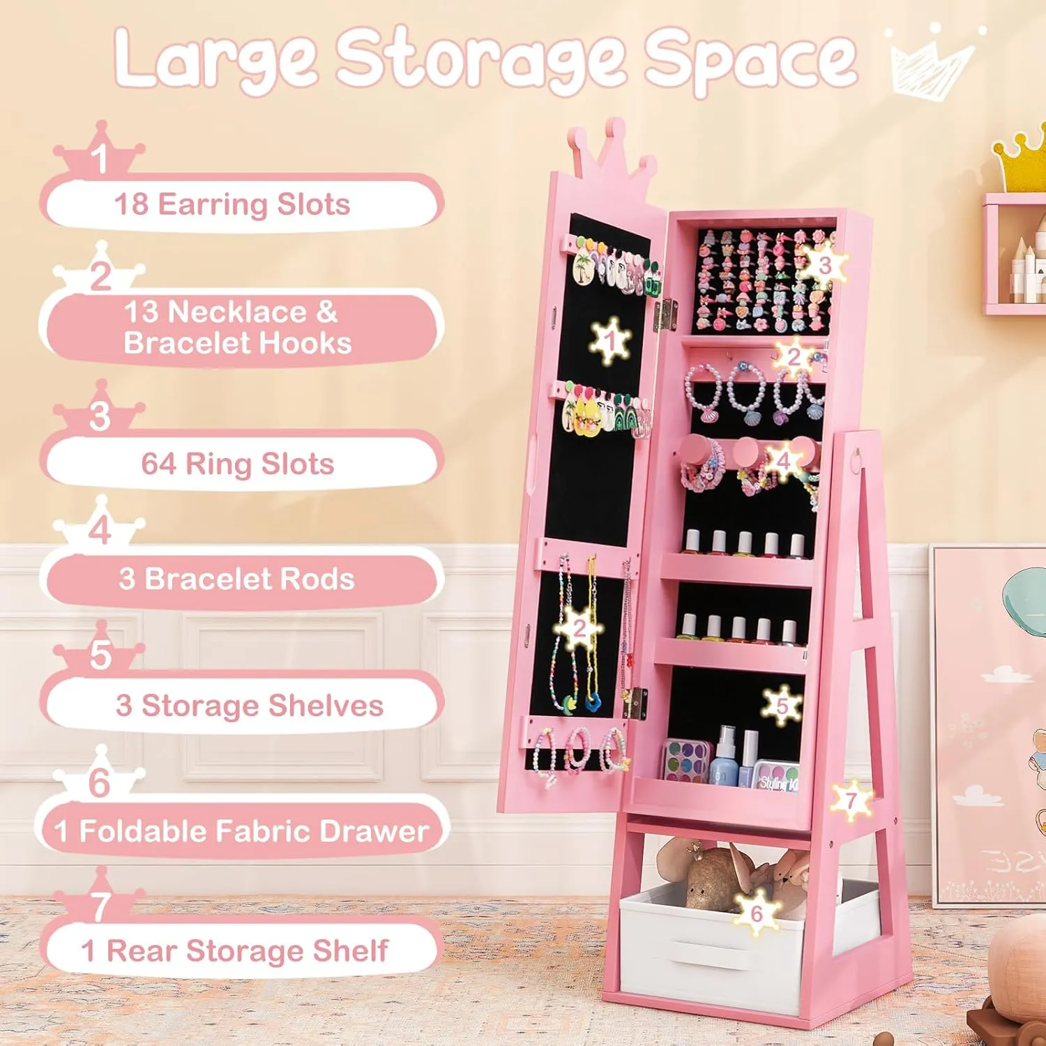 Costzon Kids Jewelry Armoire, 45.5" Standing Jewelry Cabinet with Full-Length Mirror, Large Capacity, Back Storage Shelf, Kids Vanity Dress Up Mirror Jewelry Organizer for Little Girls (Pink)