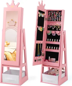Costzon Kids Jewelry Armoire, 45.5" Standing Jewelry Cabinet with Full-Length Mirror, Large Capacity, Back Storage Shelf, Kids Vanity Dress Up Mirror Jewelry Organizer for Little Girls (Pink)