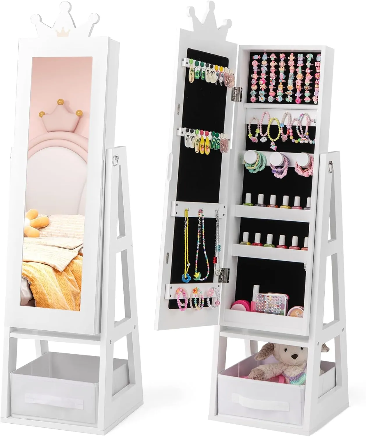 Costzon Kids Jewelry Armoire, 45.5" Standing Jewelry Cabinet with Full-Length Mirror, Large Capacity, Back Storage Shelf, Kids Vanity Dress Up Mirror Jewelry Organizer for Little Girls (White)