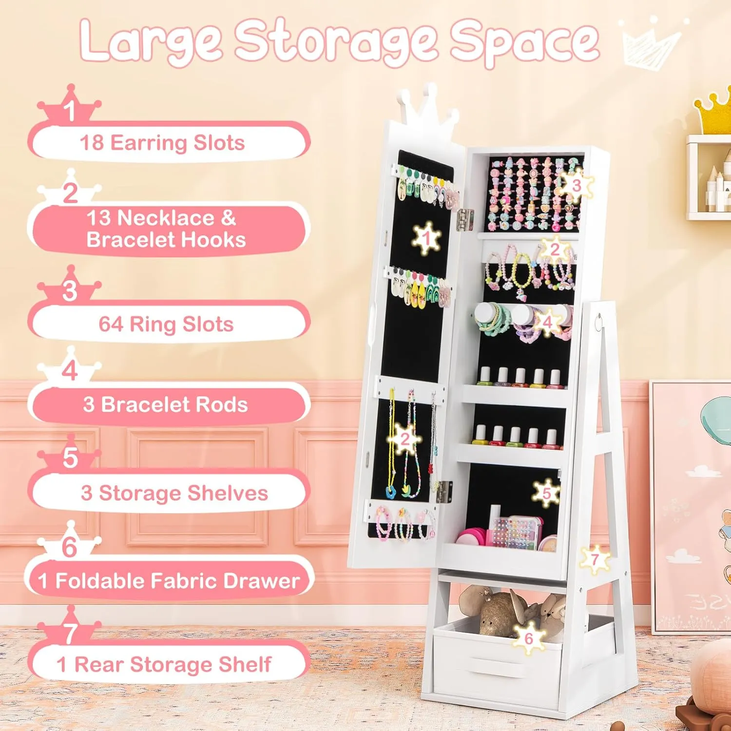 Costzon Kids Jewelry Armoire, 45.5" Standing Jewelry Cabinet with Full-Length Mirror, Large Capacity, Back Storage Shelf, Kids Vanity Dress Up Mirror Jewelry Organizer for Little Girls (White)