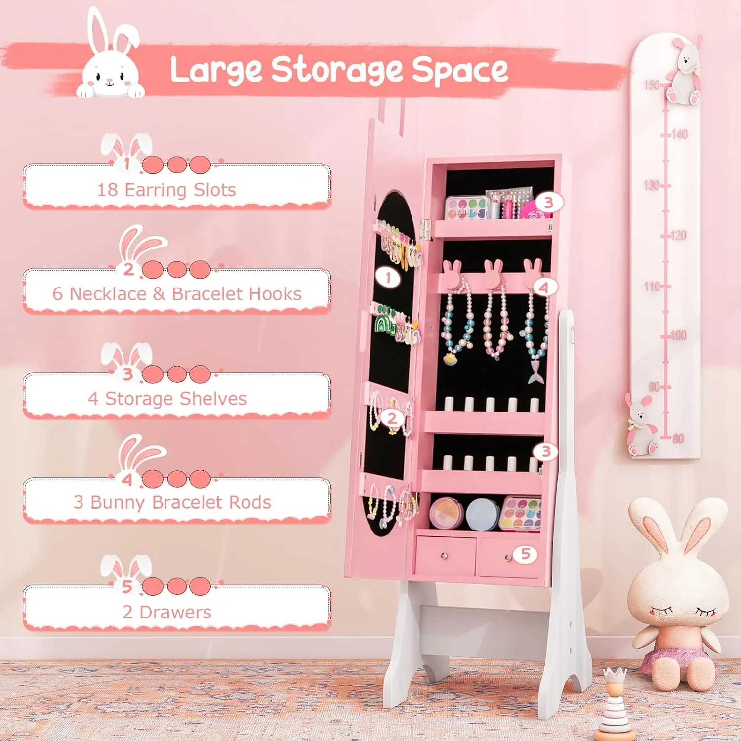 Costzon Kids Jewelry Armoire Cabinet, 45" Standing Organizer with Full-Length Mirror, Kids Vanity Dress Up Mirror with Storage, Cabinet for Girls (Pink)