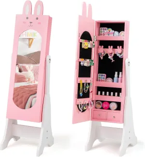 Costzon Kids Jewelry Armoire Cabinet, 45" Standing Organizer with Full-Length Mirror, Kids Vanity Dress Up Mirror with Storage, Cabinet for Girls (Pink)