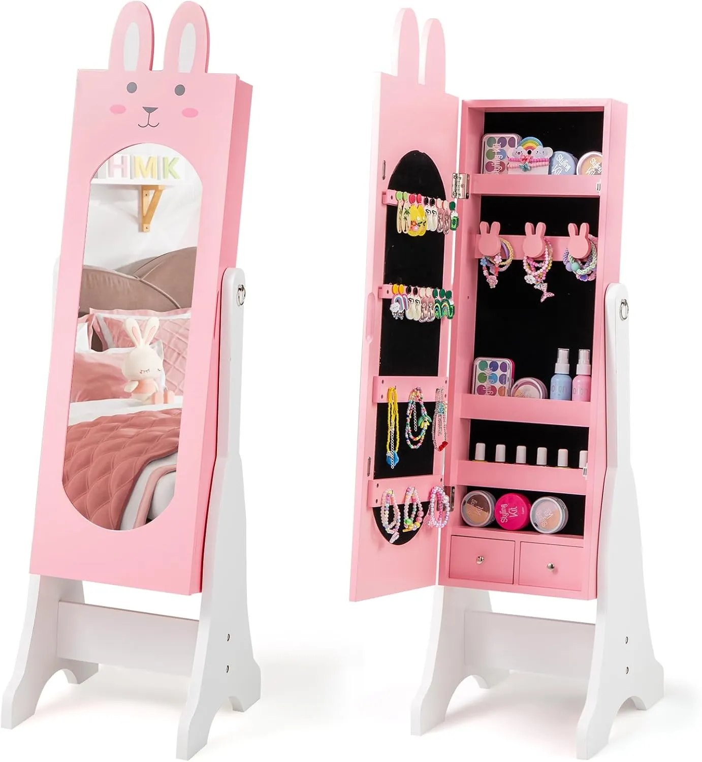 Costzon Kids Jewelry Armoire Cabinet, 45" Standing Organizer with Full-Length Mirror, Kids Vanity Dress Up Mirror with Storage, Cabinet for Girls (Pink)