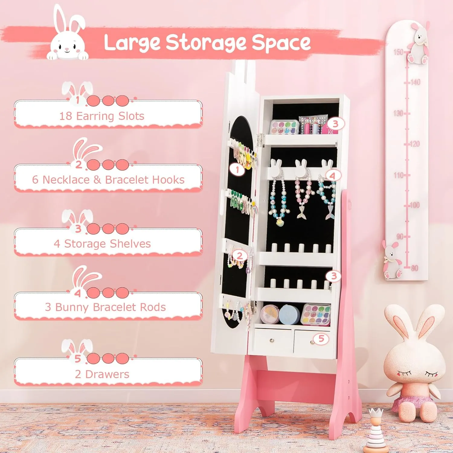 Costzon Kids Jewelry Armoire Cabinet, 45" Standing Organizer with Full-Length Mirror, Kids Vanity Dress Up Mirror with Storage, Cabinet for Girls (White)