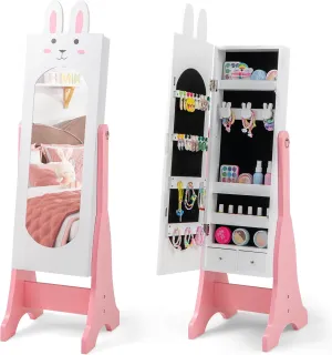 Costzon Kids Jewelry Armoire Cabinet, 45" Standing Organizer with Full-Length Mirror, Kids Vanity Dress Up Mirror with Storage, Cabinet for Girls (White)