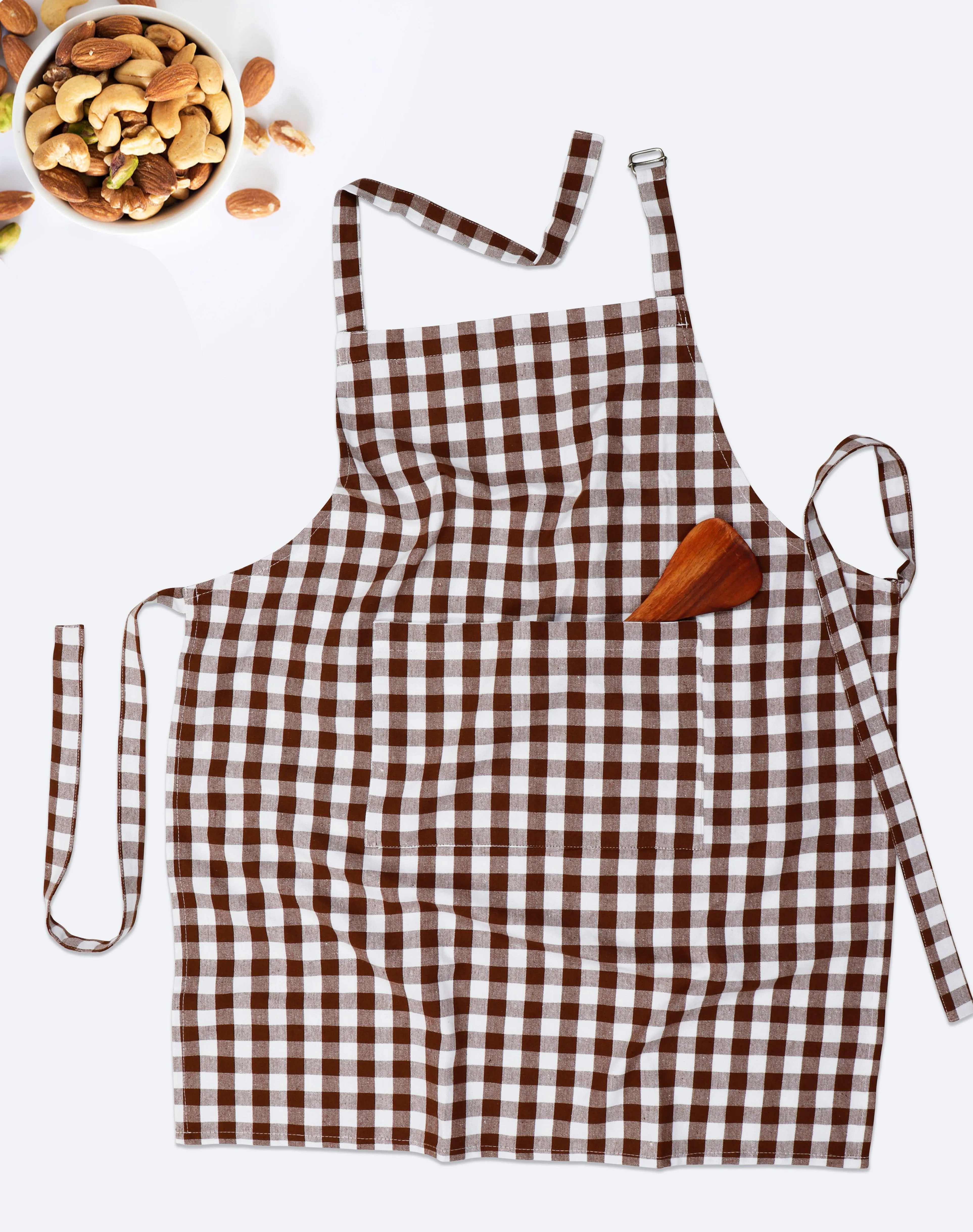 Cotton Gingham Check Brown Free Size Apron Pack Of 1